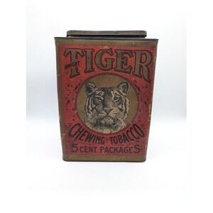 Antique Large Bright Tiger Chewing Tobacco Advertising Tin Store Display Box